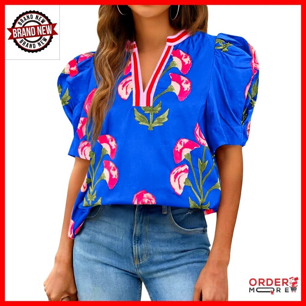 Puff Sleeve V-Neck Blouse Floral Print Loose Fit Boho Top Recycled Material